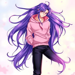 A striking light novel cover featuring a tall male femboy with long, glossy purple hair that flows elegantly