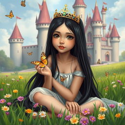 A full-body depiction of a 13-year-old white Brazilian princess with long, straight black hair and dark eyes
