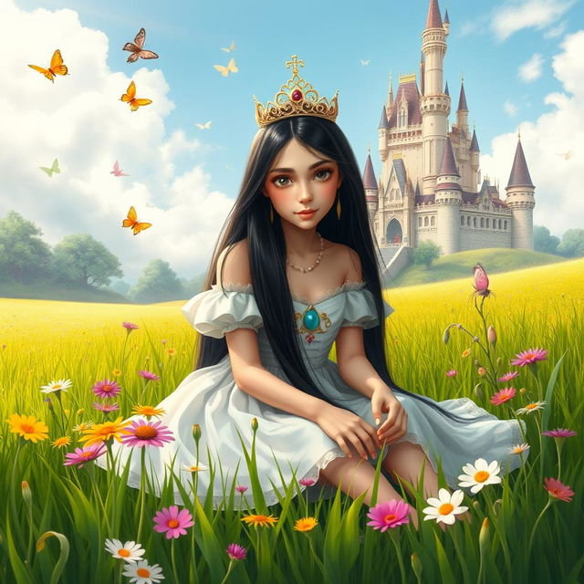 A full-body depiction of a 13-year-old white Brazilian princess with long, straight black hair and dark eyes