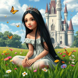 A full-body depiction of a 13-year-old white Brazilian princess with long, straight black hair and dark eyes
