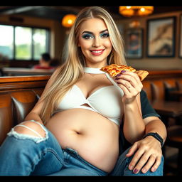 A captivating 18-year-old girl with long blond hair and a thin face, radiating a combination of sexy, sweet, and innocent charm