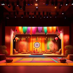 A traditional Indian stage decoration for a college cultural day celebration. The setting should showcase vibrant colors, Indian fabrics, lanterns, and cultural symbols. Design must look appealing yet fit within a modest budget.