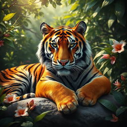 A hyper-realistic portrait of a majestic tiger lounging on a rock in a lush jungle setting, surrounded by dense foliage with dappled sunlight filtering through the leaves