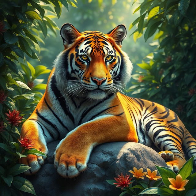 A hyper-realistic portrait of a majestic tiger lounging on a rock in a lush jungle setting, surrounded by dense foliage with dappled sunlight filtering through the leaves