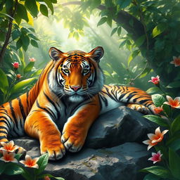 A hyper-realistic portrait of a majestic tiger lounging on a rock in a lush jungle setting, surrounded by dense foliage with dappled sunlight filtering through the leaves