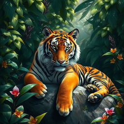 A hyper-realistic portrait of a majestic tiger lounging on a rock in a lush jungle setting, surrounded by dense foliage with dappled sunlight filtering through the leaves