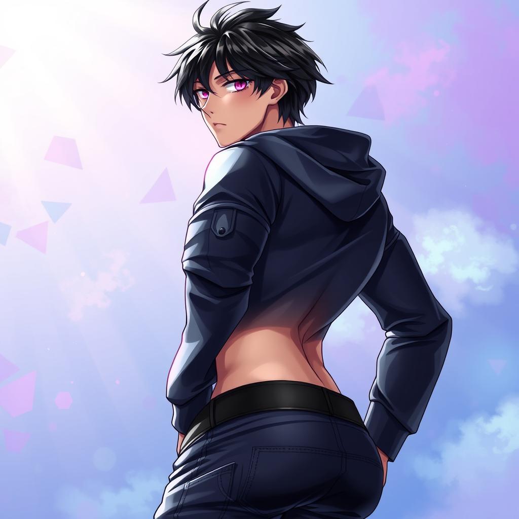 A striking light novel cover featuring a tall male femboy with glossy shaggy black hair and pink glimmering eyes