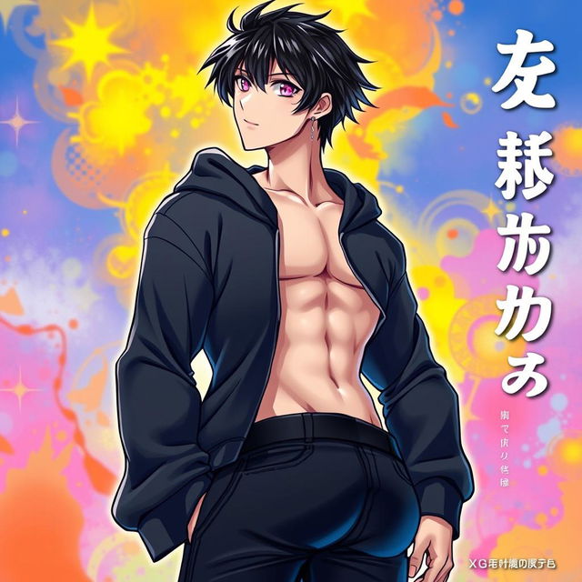 A striking light novel cover featuring a tall male femboy with glossy shaggy black hair and pink glimmering eyes