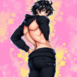 A striking light novel cover featuring a tall male femboy with glossy shaggy black hair and pink glimmering eyes