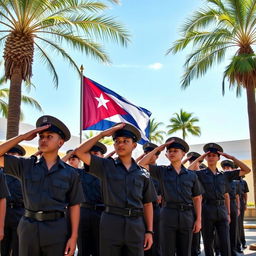 A group of young cadets in military uniforms proudly saluting the Cuban flag during a ceremony