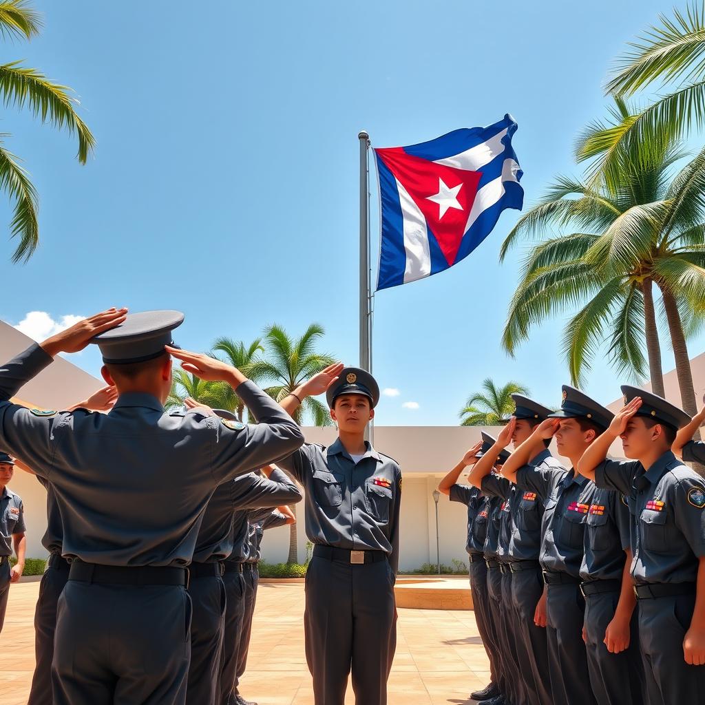 A group of young cadets in military uniforms proudly saluting the Cuban flag during a ceremony