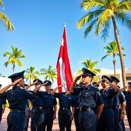 A group of young cadets in military uniforms proudly saluting the Cuban flag during a ceremony