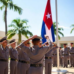 A group of young cadets in military uniforms proudly saluting the Cuban flag during a ceremony
