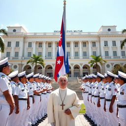 A group of unified young cadets in white uniforms assisting with the Cuban flag raising ceremony