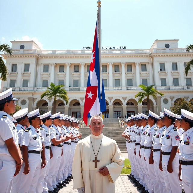 A group of unified young cadets in white uniforms assisting with the Cuban flag raising ceremony