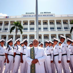 A group of unified young cadets in white uniforms assisting with the Cuban flag raising ceremony