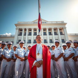 A group of unified young cadets in white uniforms assisting with the Cuban flag raising ceremony