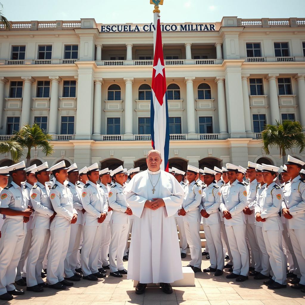 A group of unified young cadets in white uniforms assisting with the Cuban flag raising ceremony