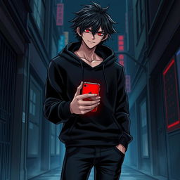 A tall male character with shaggy glossy black hair and striking crimson glimmering eyes, dressed in a black hoodie and black jeans