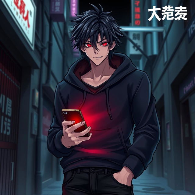 A tall male character with shaggy glossy black hair and striking crimson glimmering eyes, dressed in a black hoodie and black jeans