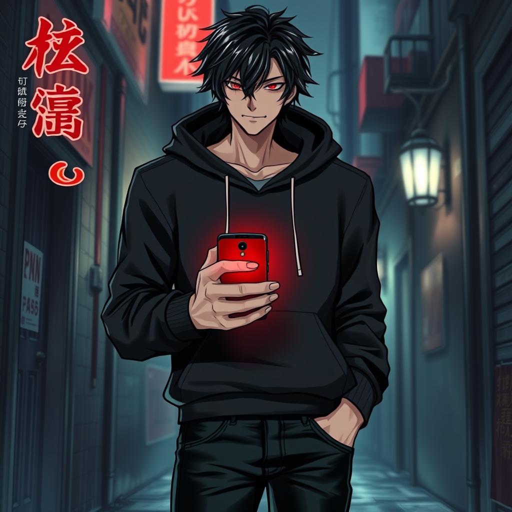 A tall male character with shaggy glossy black hair and striking crimson glimmering eyes, dressed in a black hoodie and black jeans