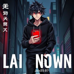 A tall male character with shaggy glossy black hair and striking crimson glimmering eyes, dressed in a black hoodie and black jeans