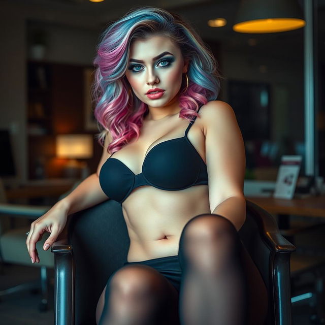 A sexy, beautiful, curvy thin-faced 18-year-old girl with medium-length wavy rainbow-colored hair and striking crystal blue eyes