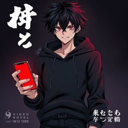 A tall male character with shaggy glossy black hair and piercing crimson glimmering eyes