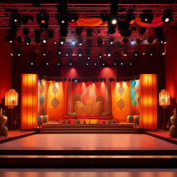 A traditional Indian stage decoration for a college cultural day celebration. The setting should showcase vibrant colors, Indian fabrics, lanterns, and cultural symbols. Design must look appealing yet fit within a modest budget.