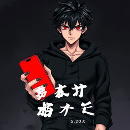 A tall male character with shaggy glossy black hair and piercing crimson glimmering eyes