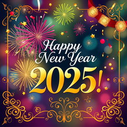 A vibrant and festive New Year’s wish card for 2025, featuring celebratory elements like fireworks, confetti, and a colorful background