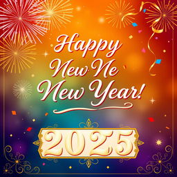 A vibrant and festive New Year’s wish card for 2025, featuring celebratory elements like fireworks, confetti, and a colorful background