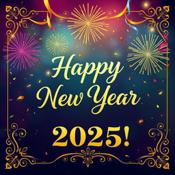 A vibrant and festive New Year’s wish card for 2025, featuring celebratory elements like fireworks, confetti, and a colorful background