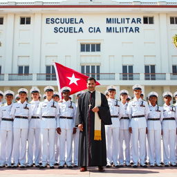 A group of young cadets, all dressed in pristine white uniforms, stand attentively while holding the Cuban flag