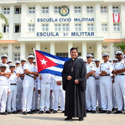 A group of young cadets, all dressed in pristine white uniforms, stand attentively while holding the Cuban flag