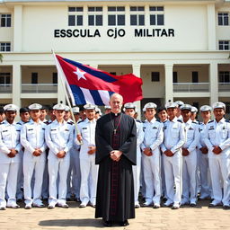 A group of young cadets, all dressed in pristine white uniforms, stand attentively while holding the Cuban flag