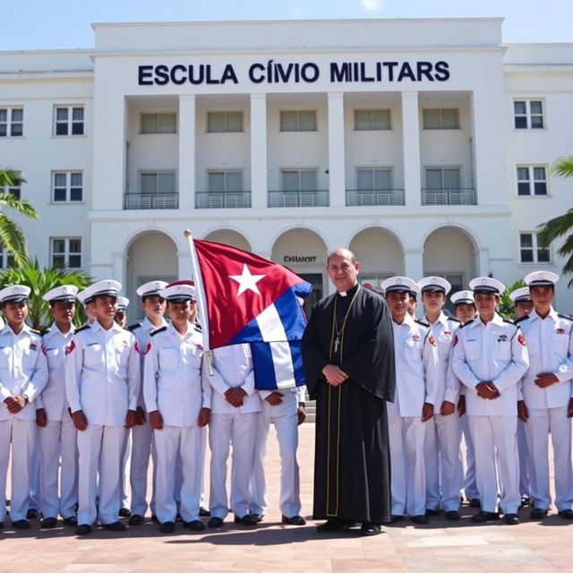 A group of young cadets, all dressed in pristine white uniforms, stand attentively while holding the Cuban flag