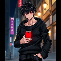 A tall male character with shaggy glossy black hair and striking crimson glimmering eyes, dressed in a stylish black hoodie and black jeans