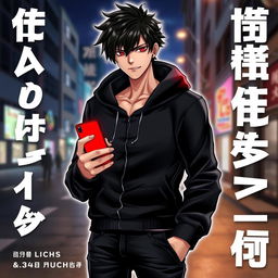 A tall male character with shaggy glossy black hair and striking crimson glimmering eyes, dressed in a stylish black hoodie and black jeans