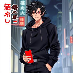 A tall male character with shaggy glossy black hair and striking crimson glimmering eyes, dressed in a stylish black hoodie and black jeans