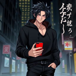 A tall male character with shaggy glossy black hair and striking crimson glimmering eyes, dressed in a stylish black hoodie and black jeans