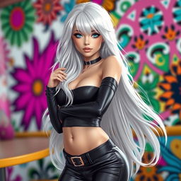 A stylish femboy with long, flowing white hair and striking blue eyes