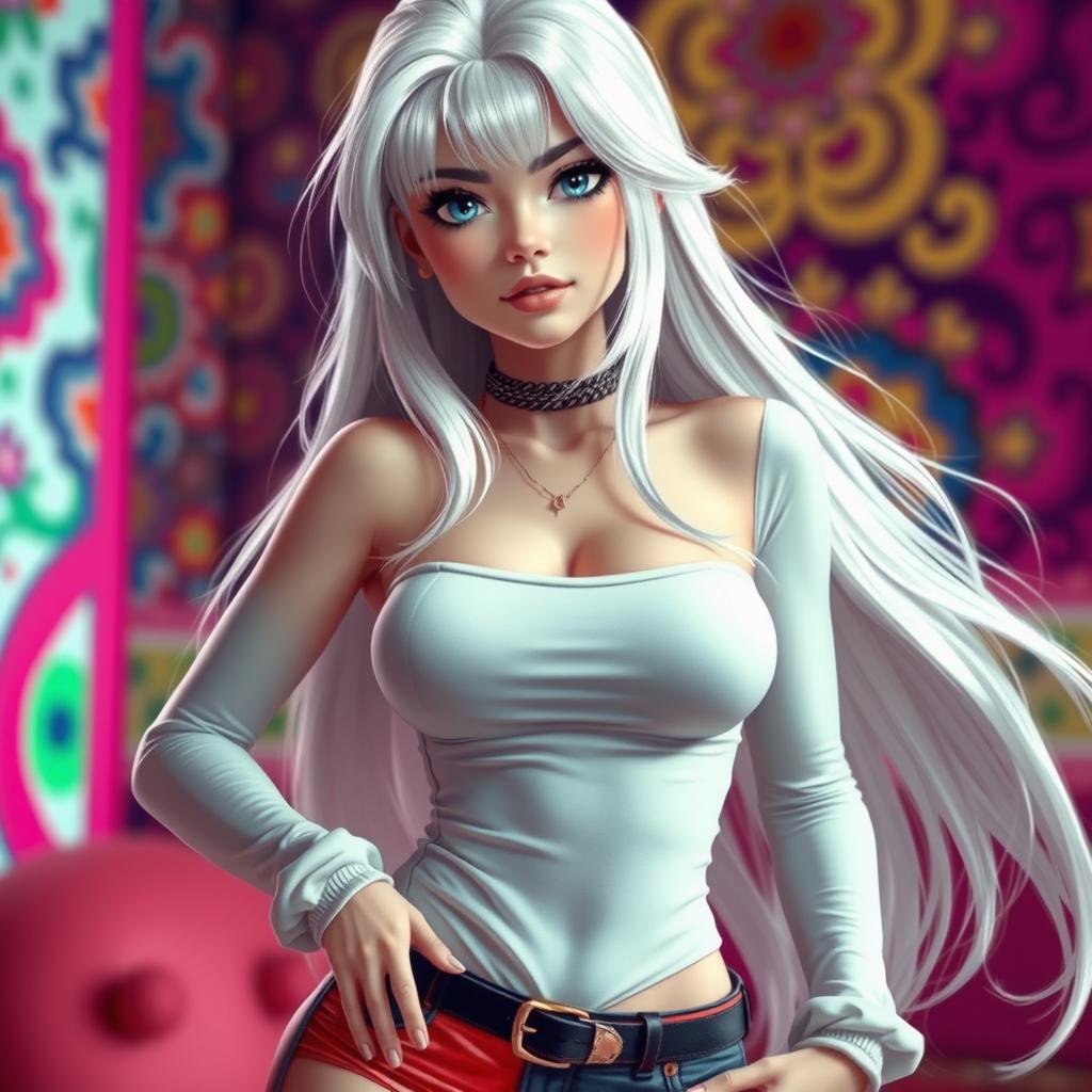 A stylish femboy with long, flowing white hair and striking blue eyes