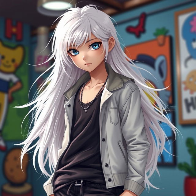 A fashionable boy with long, flowing white hair and striking blue eyes