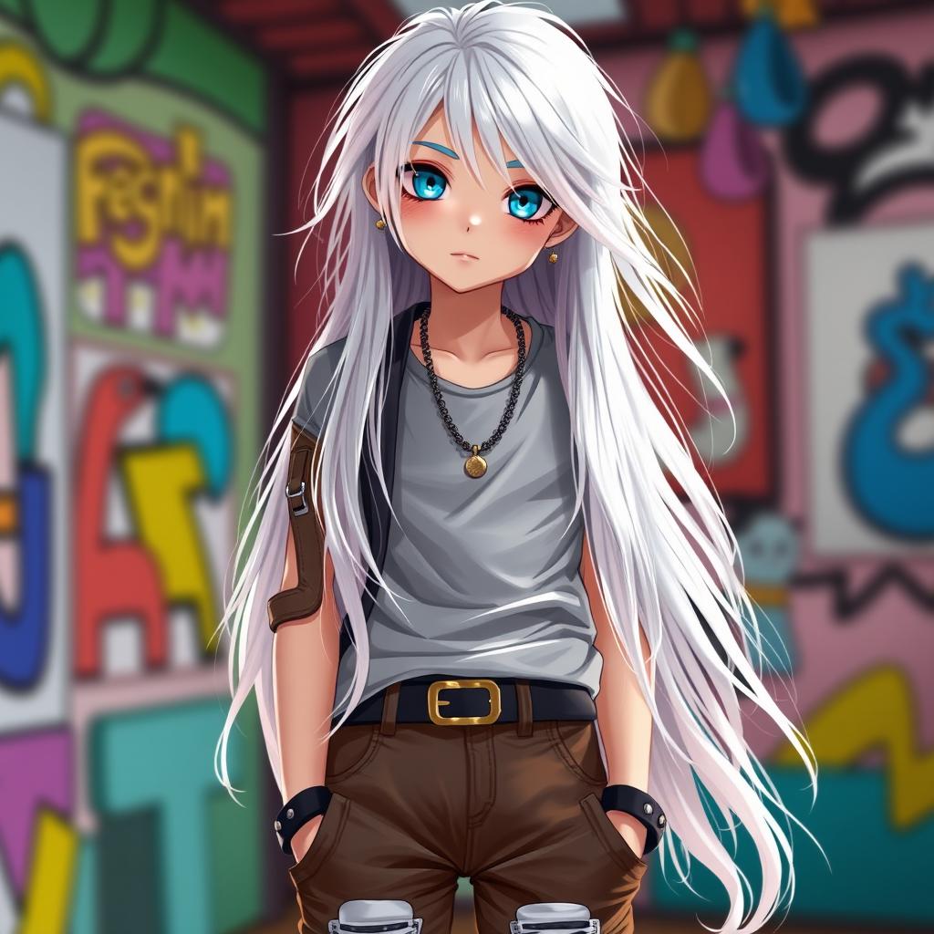 A fashionable boy with long, flowing white hair and striking blue eyes