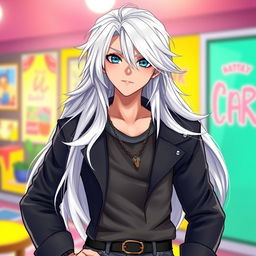 A fashionable boy with long, flowing white hair and striking blue eyes