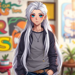 A fashionable boy with long, flowing white hair and striking blue eyes