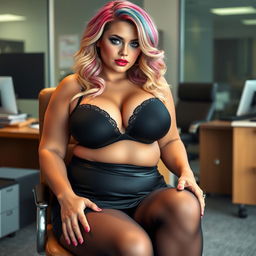 A sexy, beautiful, curvy girl with a thin face, showcasing medium length wavy rainbow colored hair