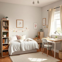 A cozy girl's room featuring a semi-double bed adorned with pretty pastel-colored bedding