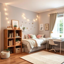 A cozy girl's room featuring a semi-double bed adorned with pretty pastel-colored bedding